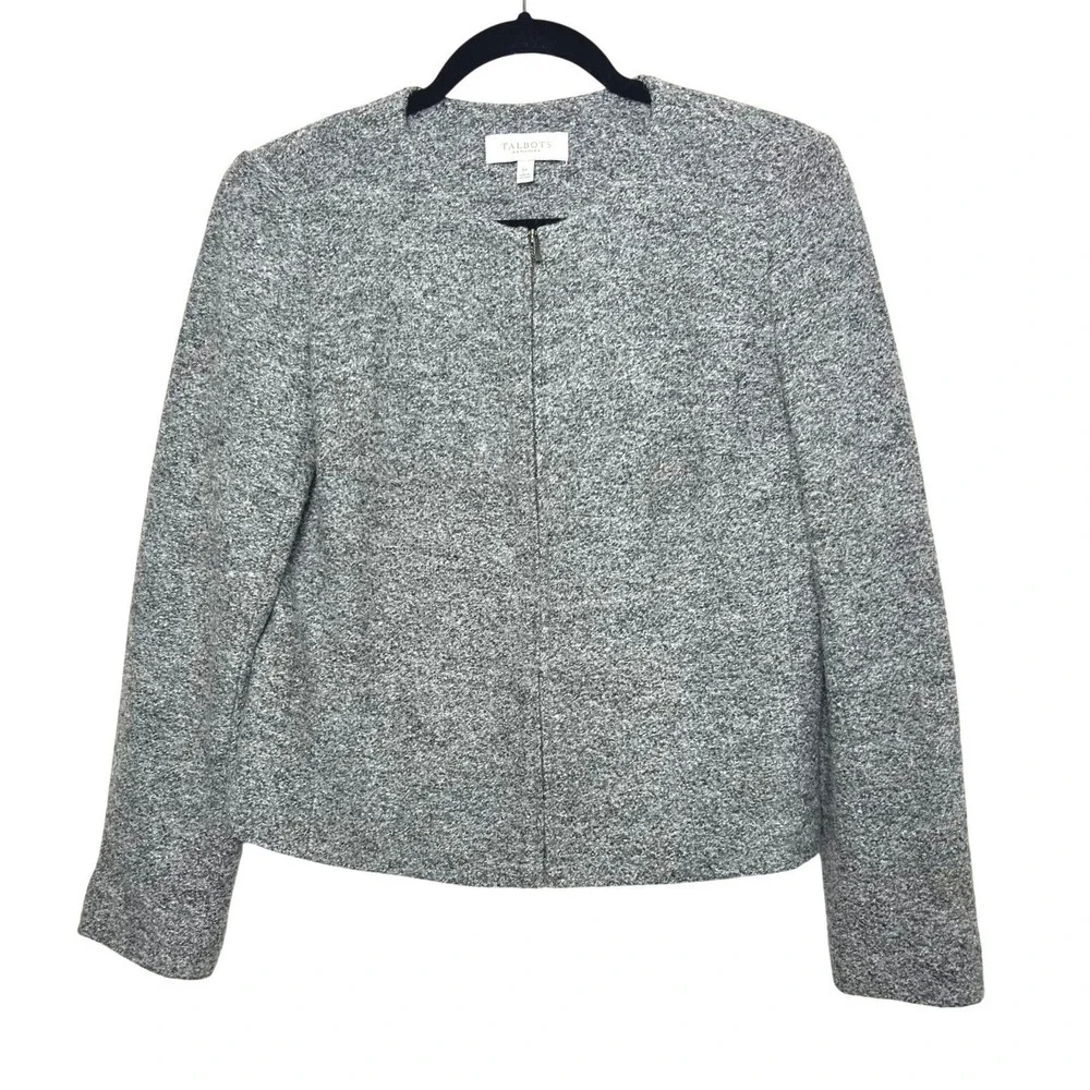 Talbots Blazer Women's 6P Jacket Gray Tweed Wool Blend Zip Front career workwear